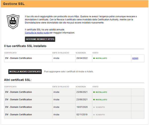 Pannello gestione certificato SSL