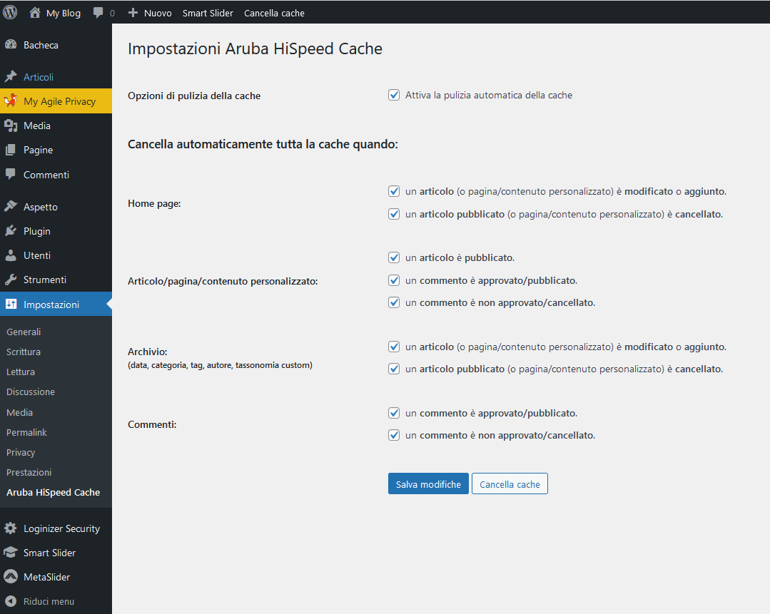 HiSpeed Cache plugin dashboard di WordPress